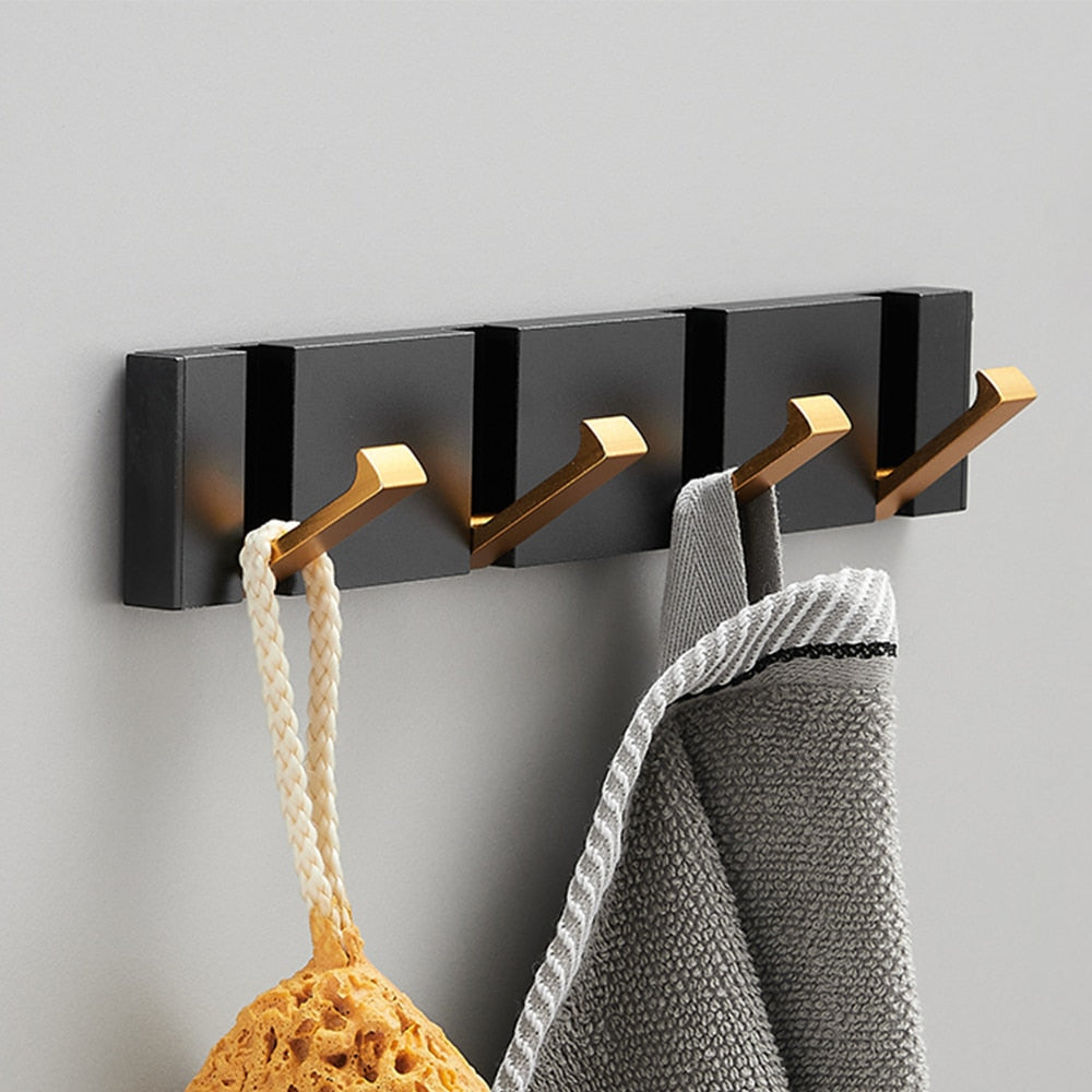 Folding Towel Hanger 2ways Installation Wall Hooks Coat Clothes Holder for Bathroom Kitchen Bedroom Hallway, Black Gold eprolo