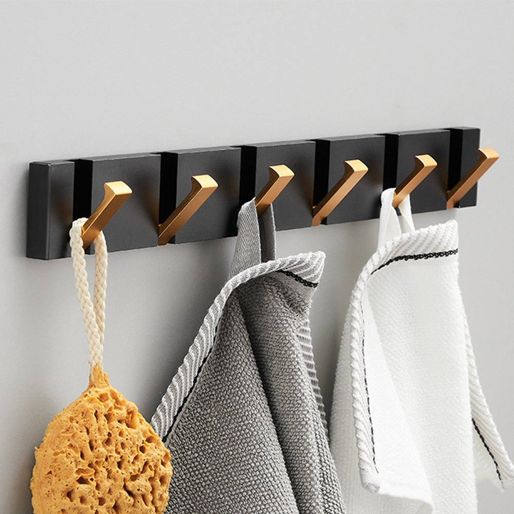 Folding Towel Hanger 2ways Installation Wall Hooks Coat Clothes Holder for Bathroom Kitchen Bedroom Hallway, Black Gold eprolo