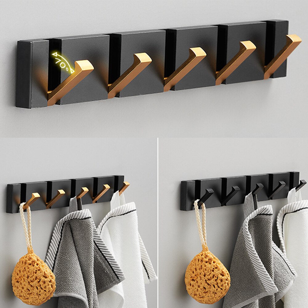 Folding Towel Hanger 2ways Installation Wall Hooks Coat Clothes Holder for Bathroom Kitchen Bedroom Hallway, Black Gold eprolo