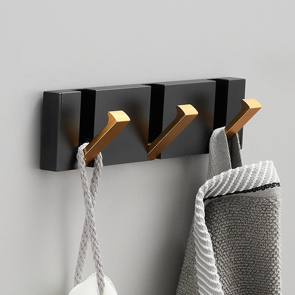 Folding Towel Hanger 2ways Installation Wall Hooks Coat Clothes Holder for Bathroom Kitchen Bedroom Hallway, Black Gold eprolo