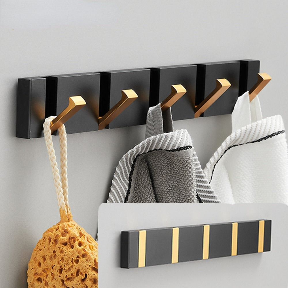 Folding Towel Hanger 2ways Installation Wall Hooks Coat Clothes Holder for Bathroom Kitchen Bedroom Hallway, Black Gold eprolo