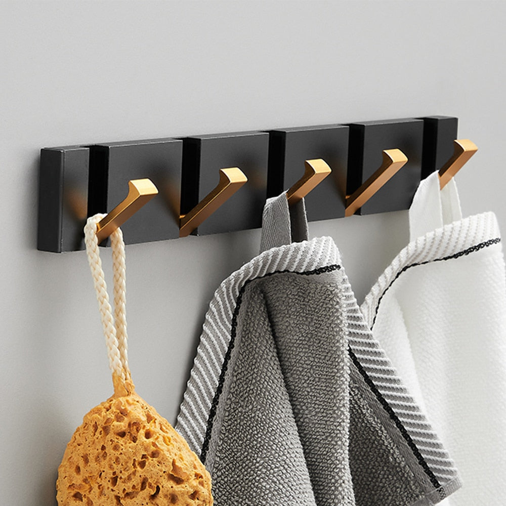 Folding Towel Hanger 2ways Installation Wall Hooks Coat Clothes Holder for Bathroom Kitchen Bedroom Hallway, Black Gold eprolo